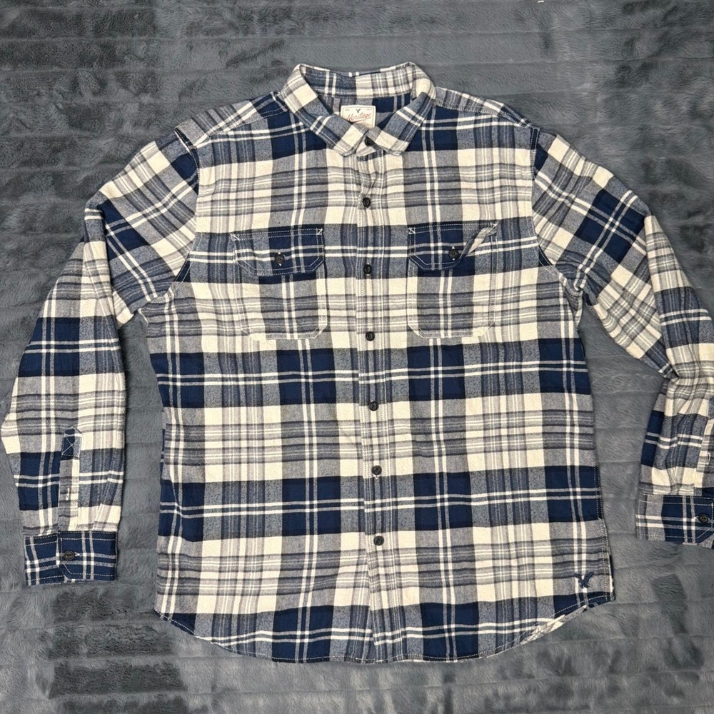 American Eagle Heritage Flannel Shirt Mens XL Blue White Plaid Button Down 6208